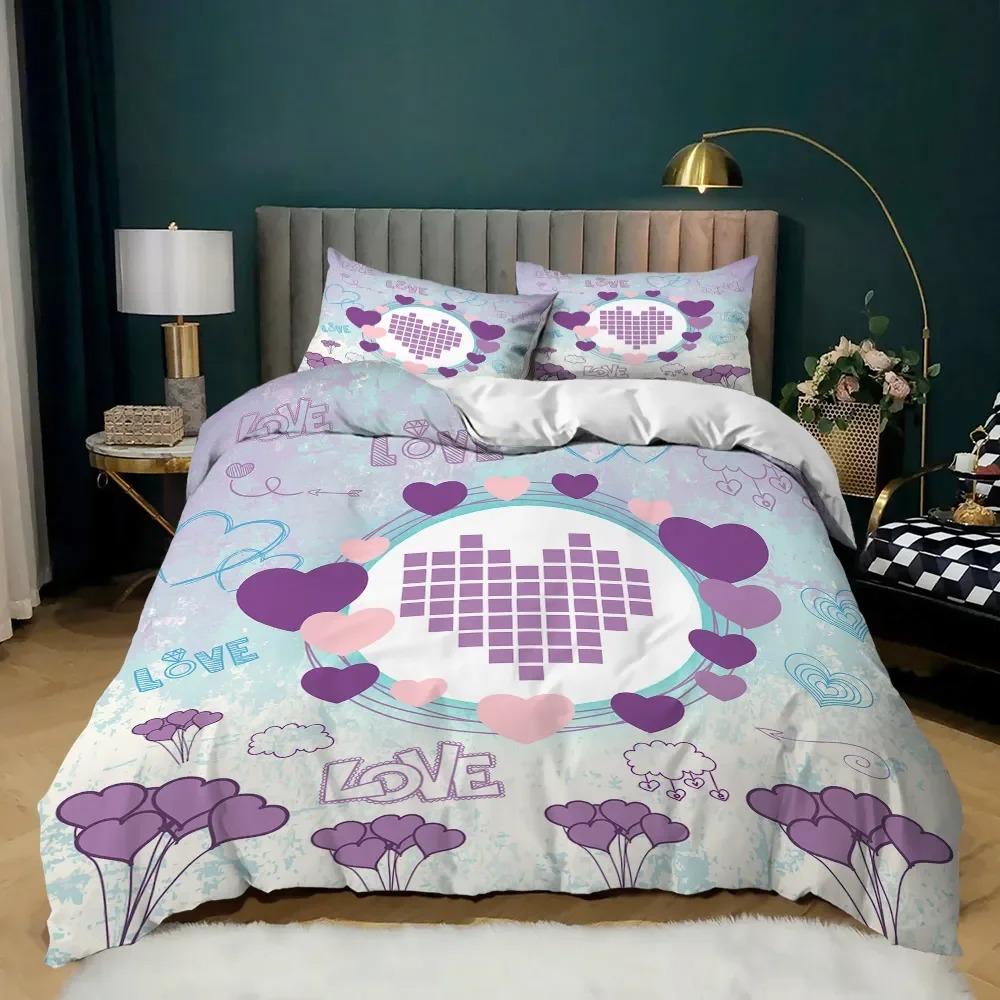 Love Heart Duvet Cover Red Purple Rose Flower Bedding Set Duvet Cover Comforter Valentine's Day Present Couple Lover Bedroom