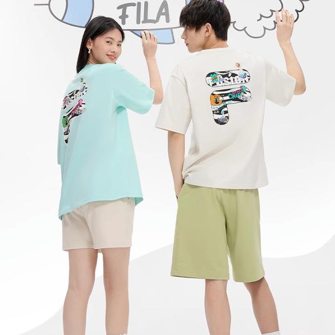 Fila Fusion American Retro Cartoon Letter Print Loose Fit Short Sleeve T-Shirt Unisex tops Lactose T11U323111FBG