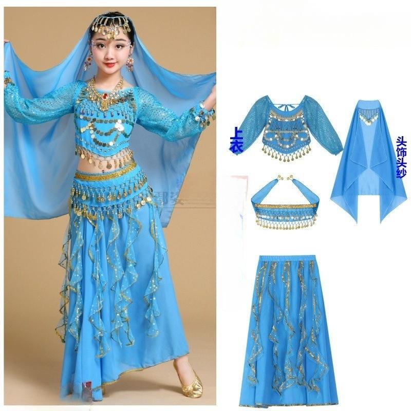 Girls Long Sleeve Indian Belly Dance Costume Xinjiang Style Performance Outfit Kids Ethnic Stage Wear Vibrant Flowy Look S