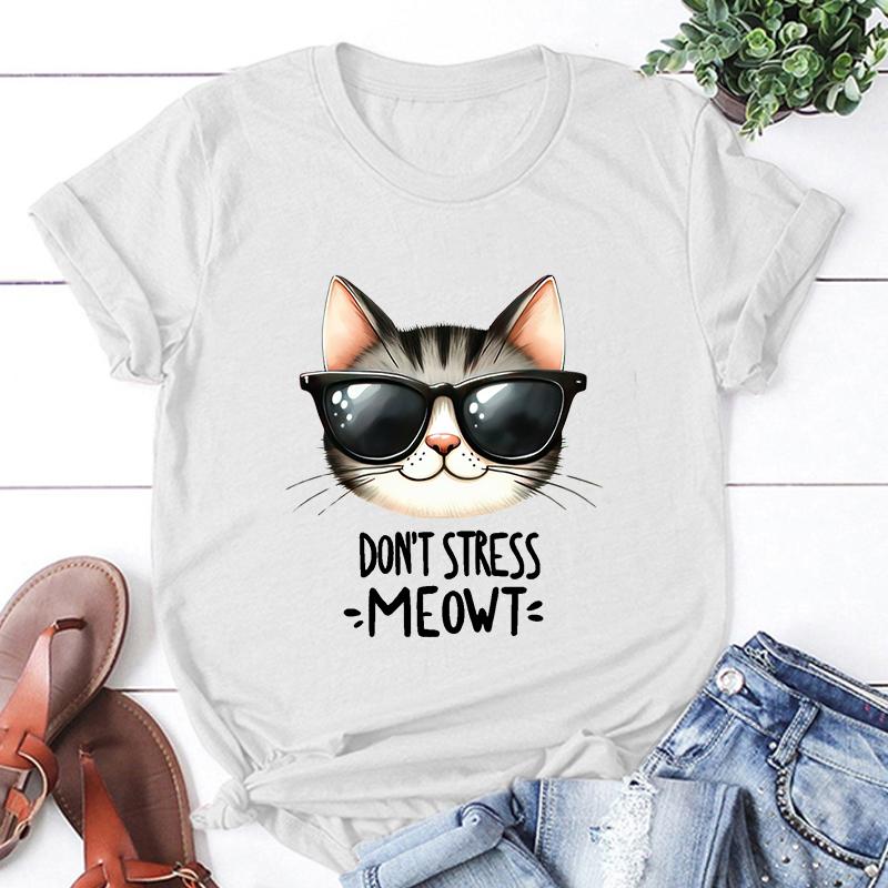 New Cat Don'T Stress Meowt Printed T Shirt Women Teens Fashion Hip Hop Harajuku Casual Short Sleeve Unisex Tops Tees