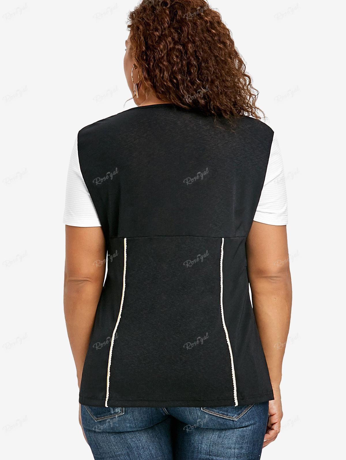 Rosegal Большие размеры Двухцветная футболка с пуговицами и рюшами в форме сердца M чёрный — фото 4