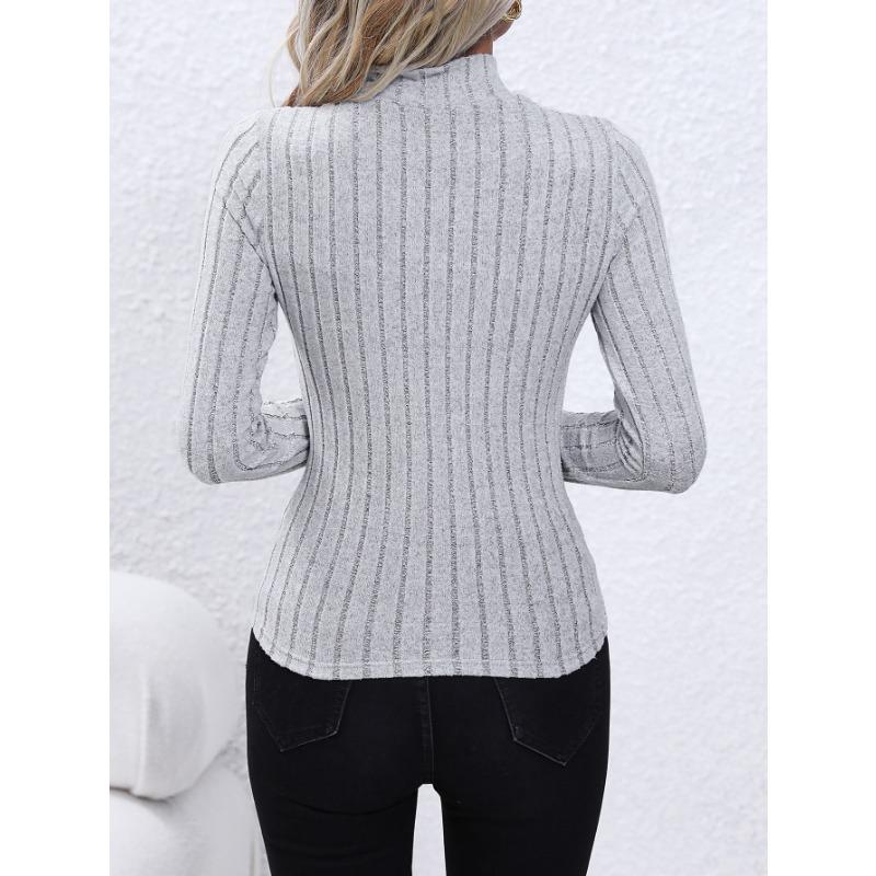 Solid Color Faux Neck Ribbed T-Shirt, Elegant Long Sleeve Slim Fit Hundred Tops for Women