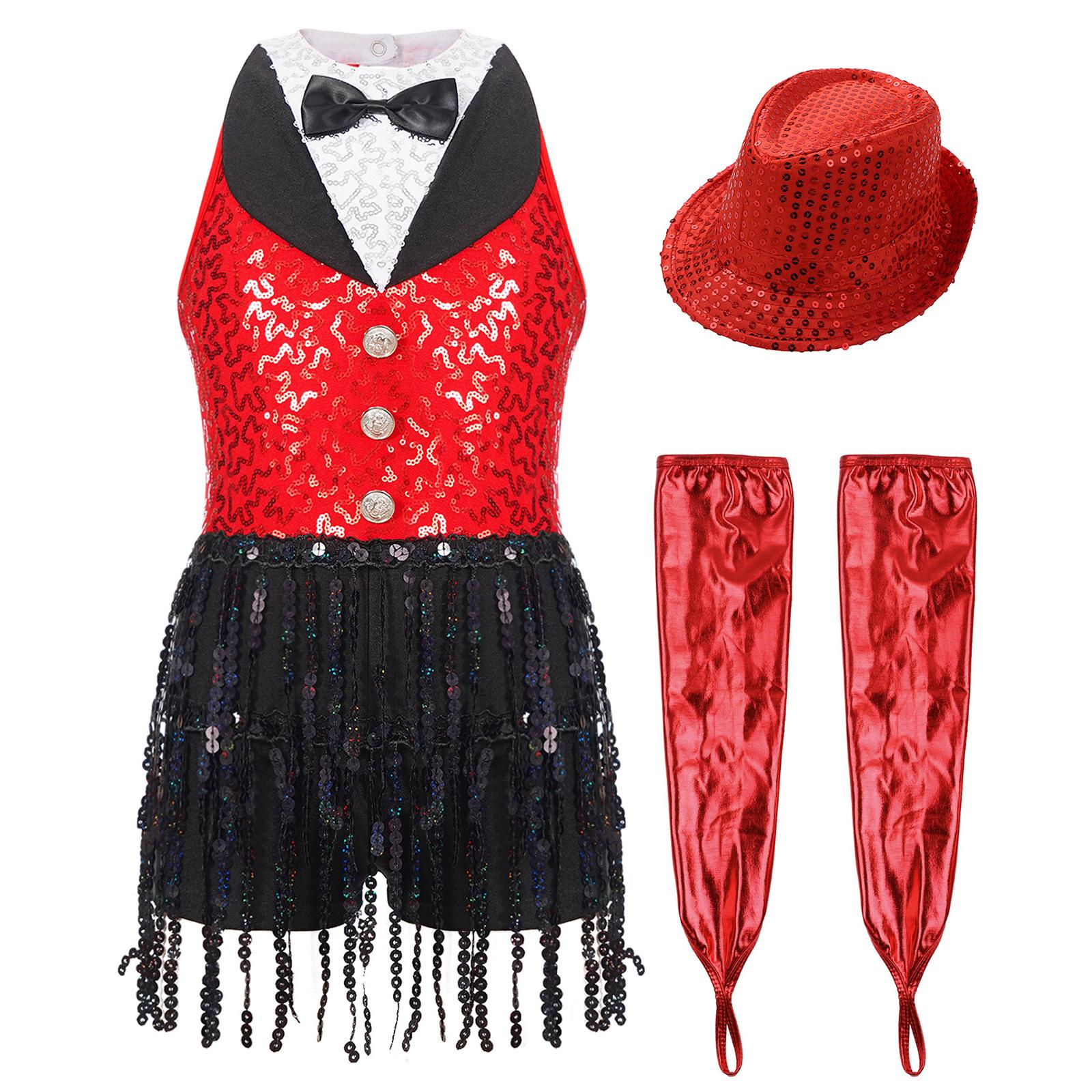 

Дівчата латиноамериканського джазового танцювального купальника без рукавів з блискітками та китицями на спині з металевими рукавичками та шапкою 13-14 Years