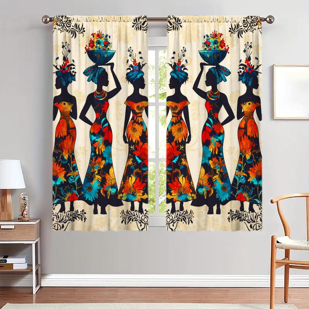 Piece African Women Art Decorative Curtains Retro Style Semi Curtain Room Darkening Polyester