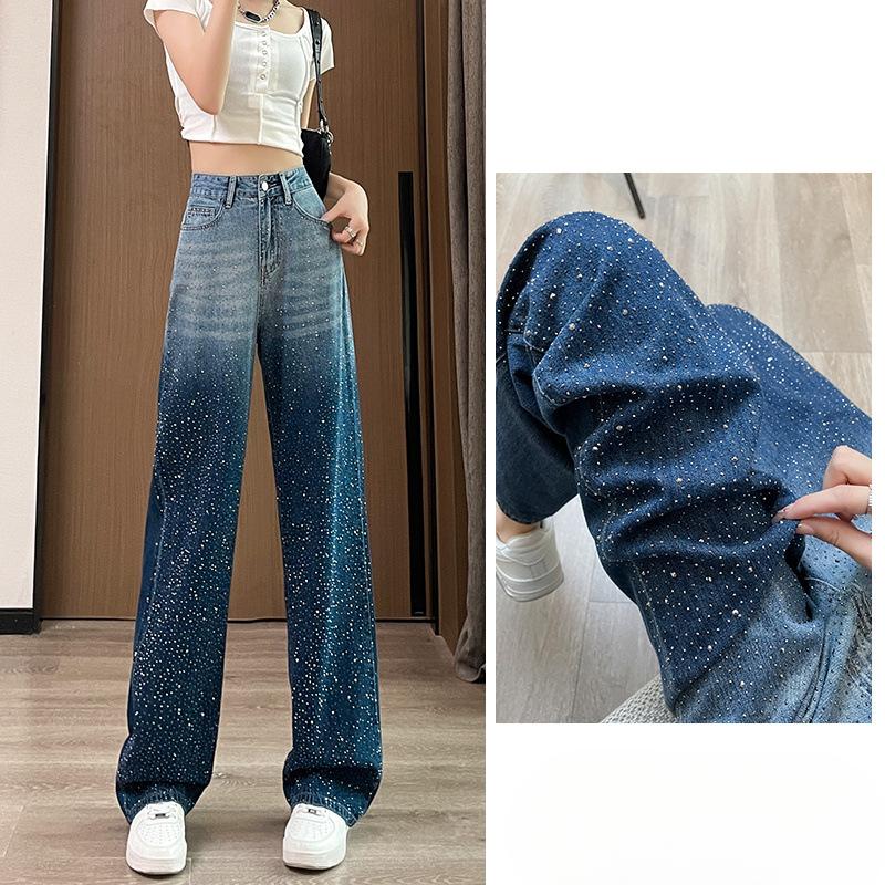 Gradient High Waist Slim Jeans for Women's Summer Thin New Loose Straight Wide-leg Floor Pants