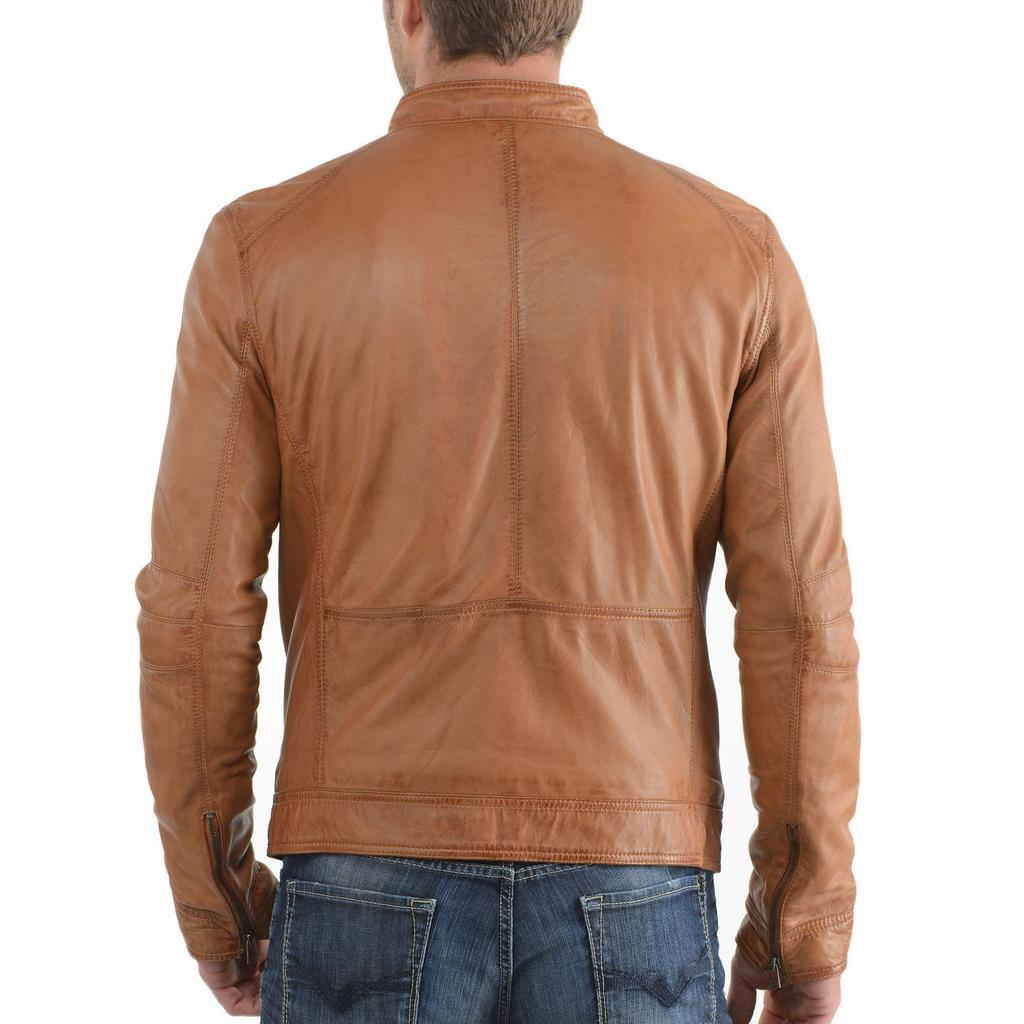SkinOutfit Men's Genuine Lambskin Beige Leather Jacket Stylish Motorcycle Bomber Biker Outerwear MJ 39