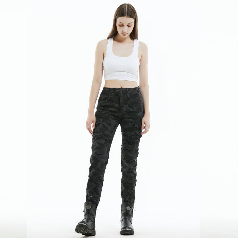 Pantalones de montar para mujer elásticos anti-caída, mono azul camuflaje multi-bolsillos para motocicleta, equipo de protección de silicona