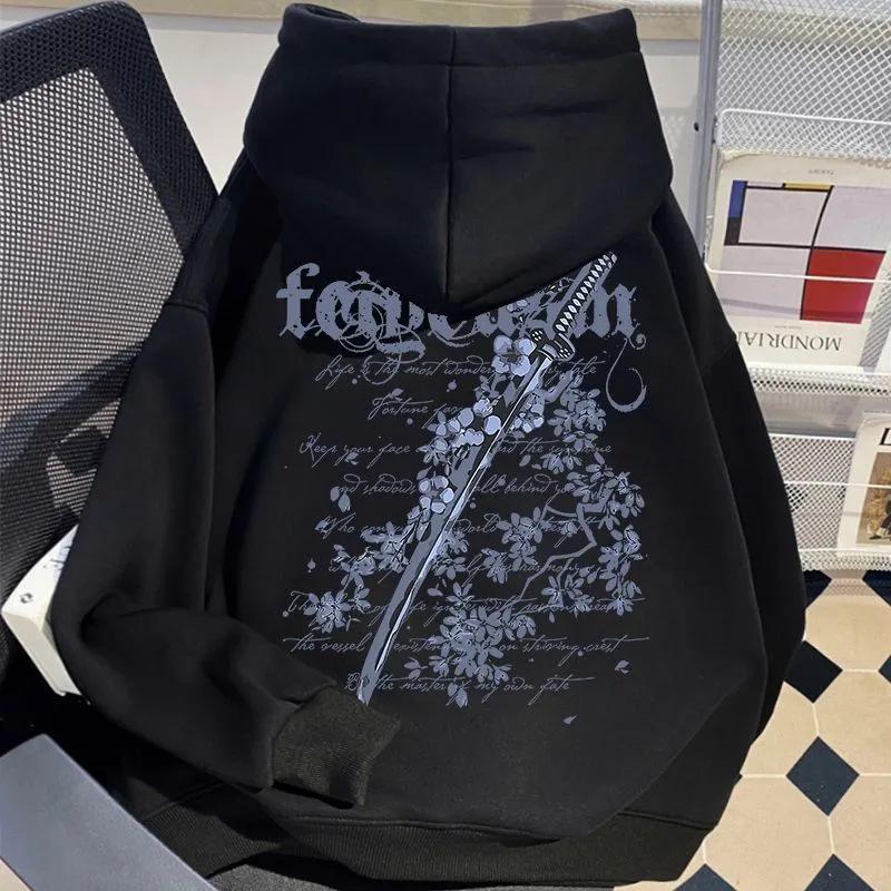 Męska bluza z kapturem w stylu vintage z nadrukiem miecza i kwiatów wiśni, z podszewką z polaru, luźny krój, modna kurtka jesienno-zimowa