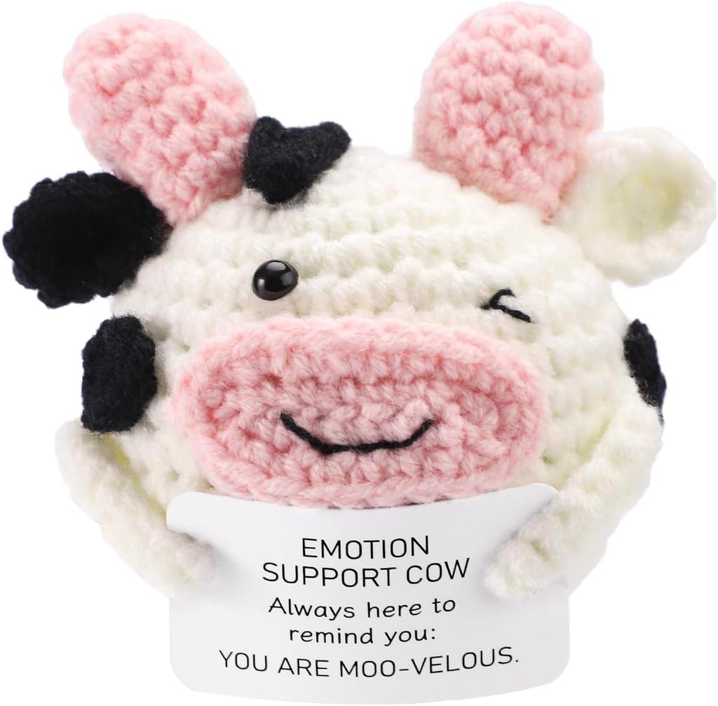 Funny Crochet Positive Energy Cow Doll with Card Home Room Decoration Handmade Knitted Cow Dolls Desk Ornament Christmas Gifts
