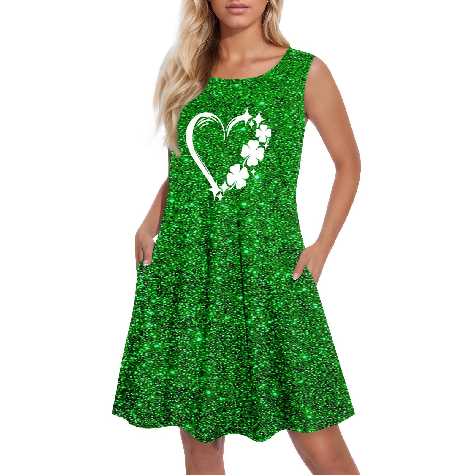 

Летние платья для женщин Beach Boho без рукавов St. День Святого Патрика Печать Flowy Карман Футболка Майка Сарафаны M циан