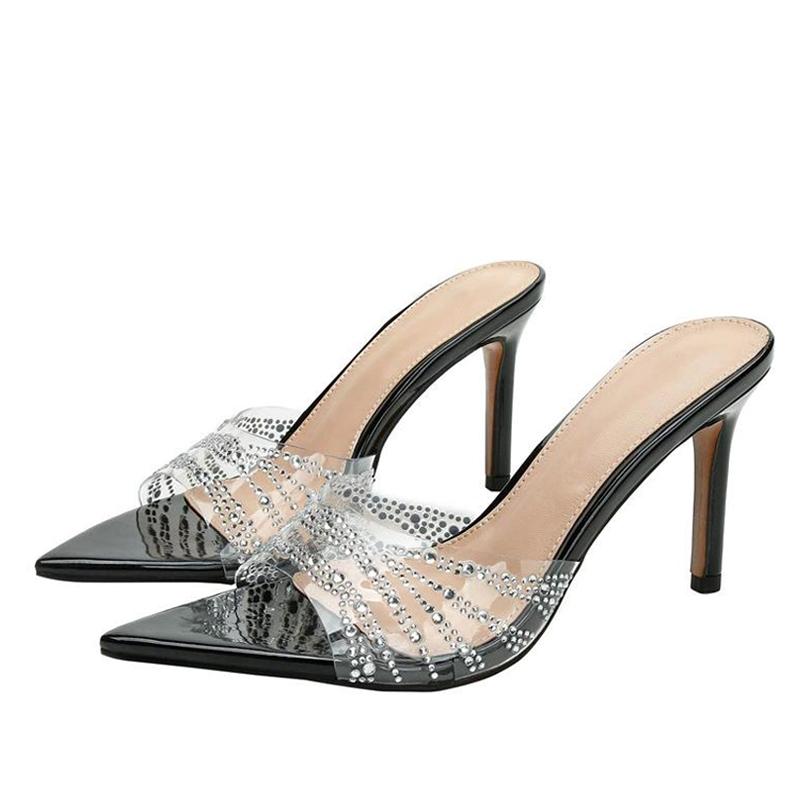 Liyke 7CM/8.5CM Women Fashion Catwalk Transparent Slipper Crystal Rhinestone High Heels Mules Sexy Pointed Toe Party Dress Shoes