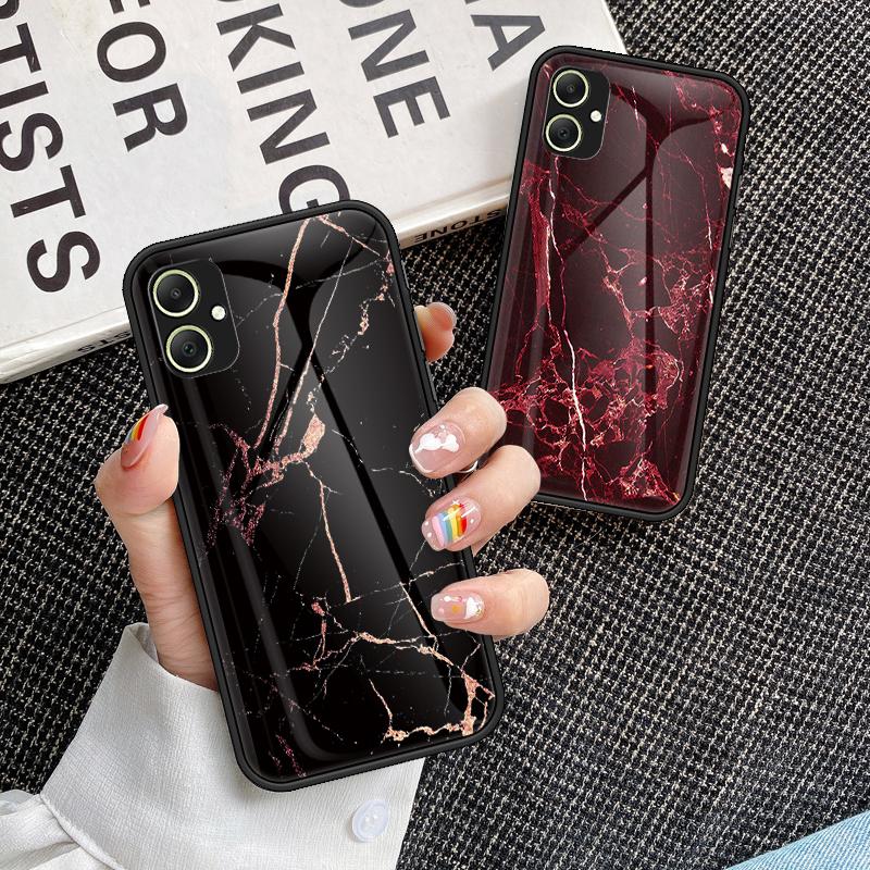 For Samsung Galaxy A05 4G Cover Marble Pattern Tempered Glass+PC+TPU Anti-scratch Shell