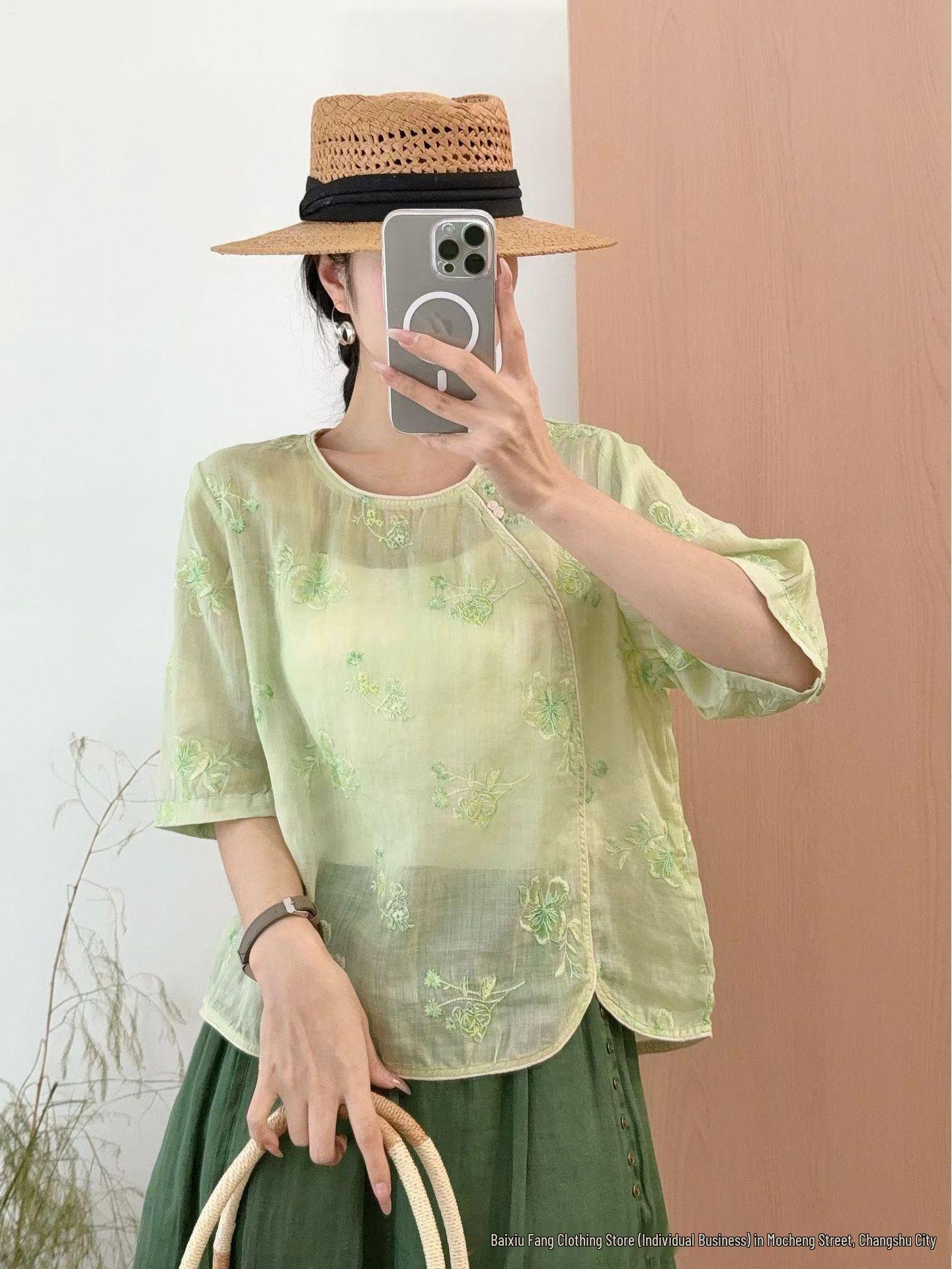 

Women s Retro Linen Embroidered Short Sleeve Top with Round Neck & Oblique Placket - Summer 2026 Collection One Size