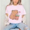 Cute Capybara Loves Bubble Tea Print Women Kids T-Shirt Summer Children's Short-sleeved Casual Pink Tops Adults Boys Girls Gifts
