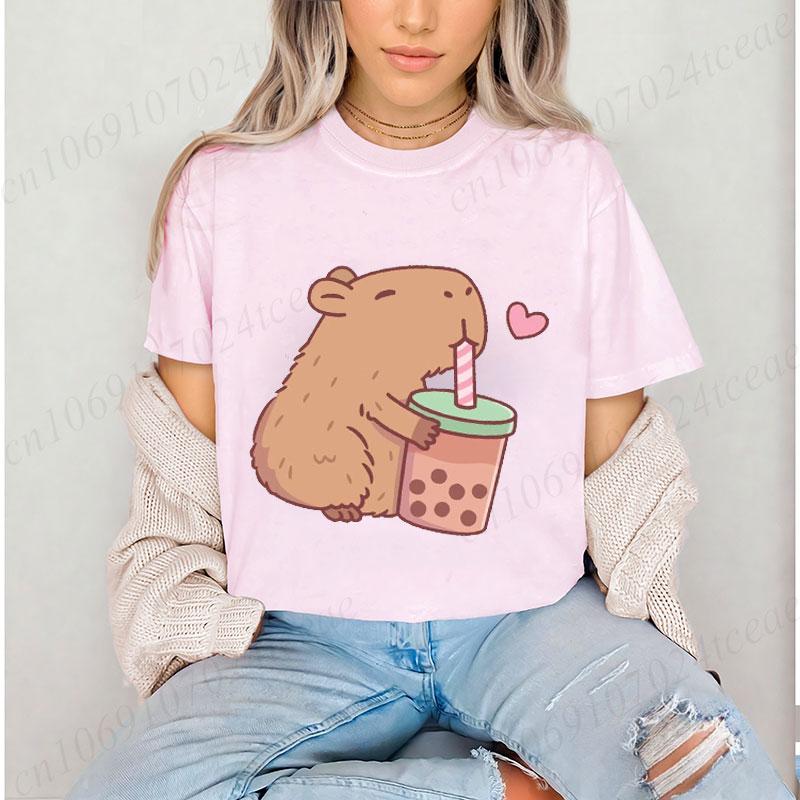 Cute Capybara Loves Bubble Tea Print Women Kids T-Shirt Summer Children's Short-sleeved Casual Pink Tops Adults Boys Girls Gifts