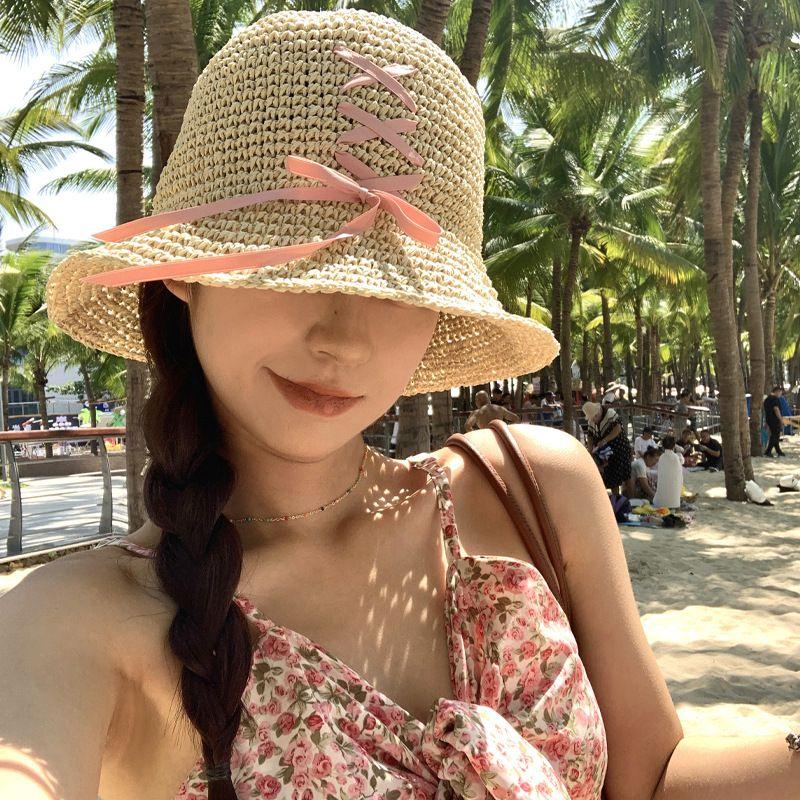 100.00kg Plus Size Women's Big Brim Grass Bows Hand-Woven Seaside Beach Hat Sun-Proof Face Cover Sun-Shade Straw Hat