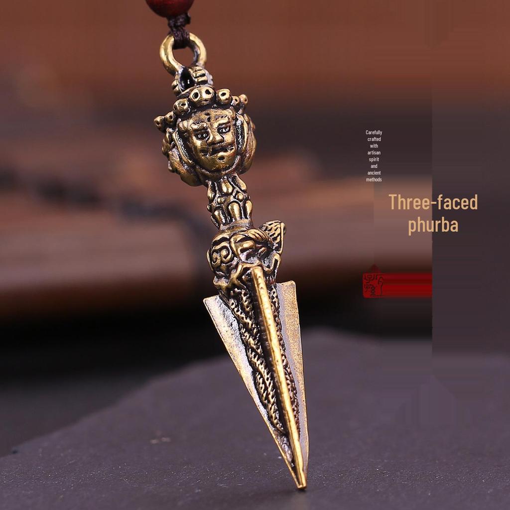 Brass Three-Sided Phurba Vajra Pendant: Tibetan Buddhist Ritual Necklace Ornament