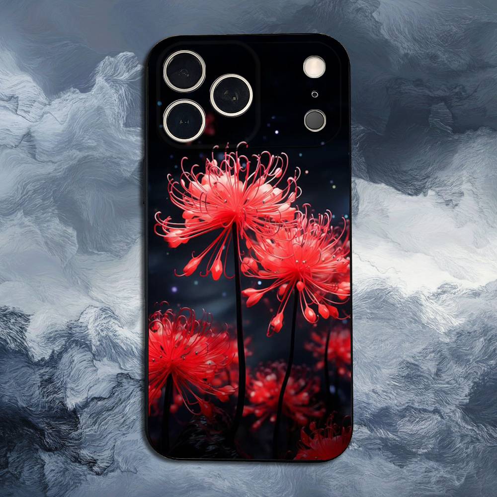 Red Spider Lily Flowers Case For iPhone 12,14,15,16,11,17,13,X,Mini,SE,XS,Plus,Pro,Max,8,7,XR,Soft Silicone Black