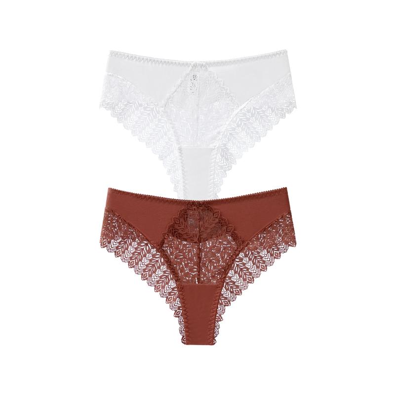 TERMEZY 2Pcs/Lot Sexy Mid Rise Patchwork Briefs Hollow-out Lace Pattern Panties Solid Color Breathable Skin-fit Briefs