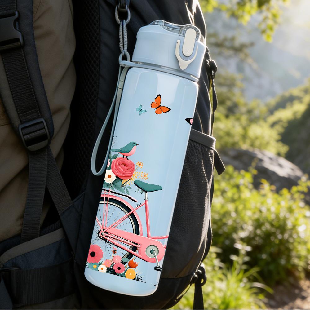 1PC Floral Bike Butterfly 750ml Color Plastic Sports Water Bottle Leakproof Flip Straw Lid Suitable for Sports Office Home Use