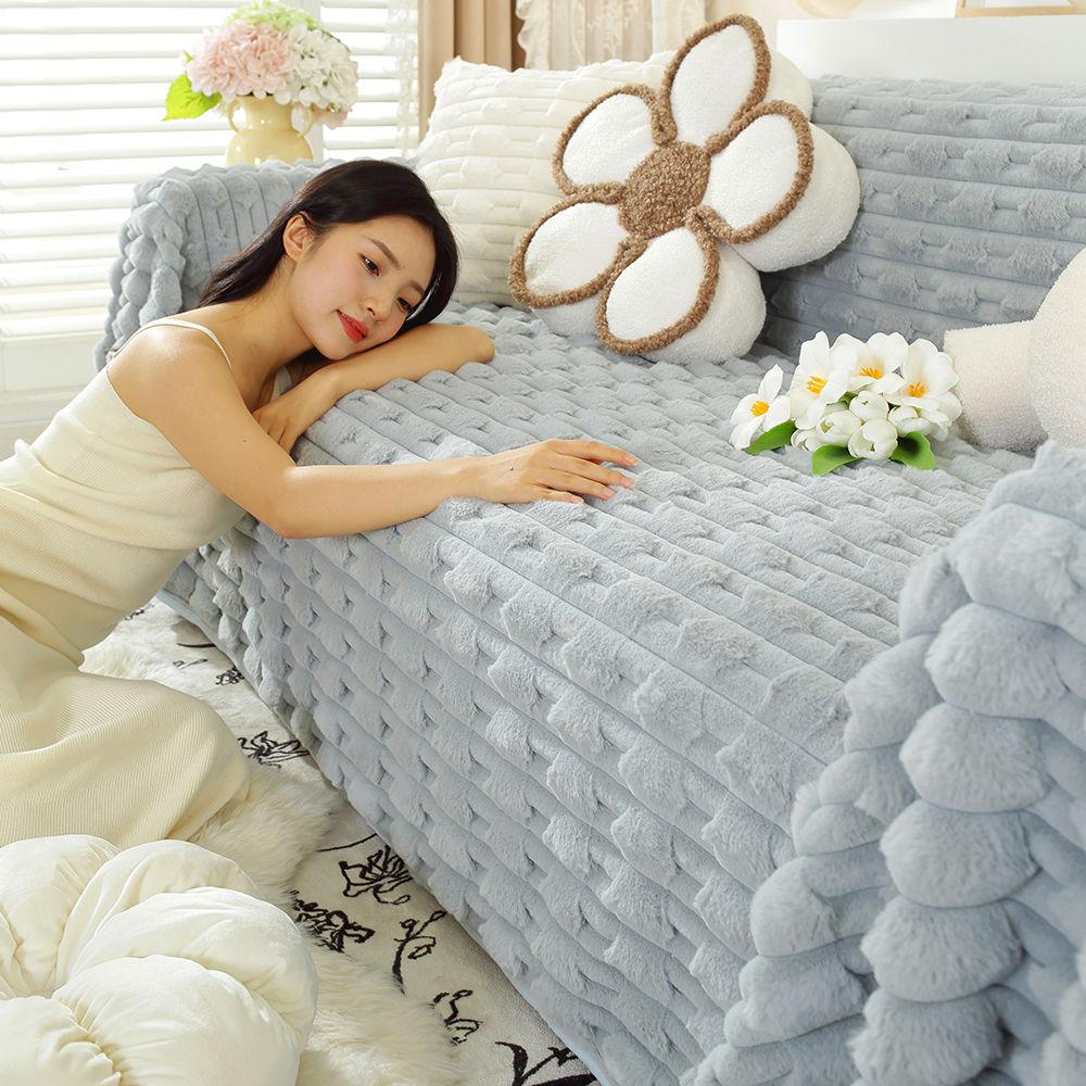 Simple New Rabbit Fur Sofa Towel Solid Color Thick Winter Anti Slip Cover Cloth Plush Couch Covers Sofa 3 Seater Armrest Blanket