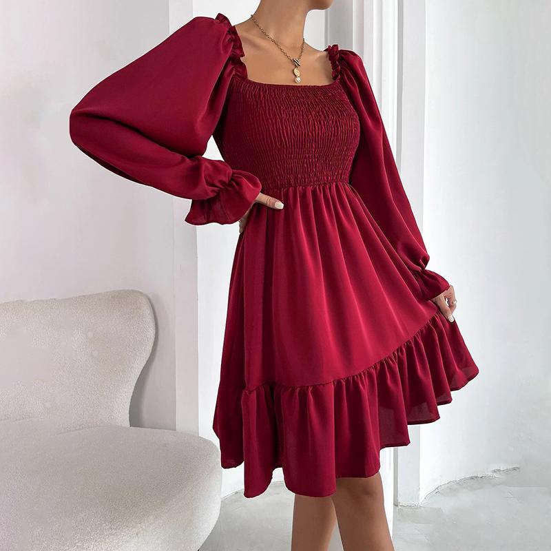 2025 French Minimalist Square-Neck Dress Long-Sleeve High-Waisted Bodycon Dress with Flounced Hem