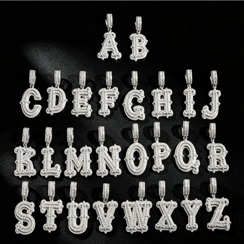 European and American New Hip Hop 26 English Letter Necklace Copper Set Zircon with Thorn Rock Sugar Letter Men's Necklace Pendant