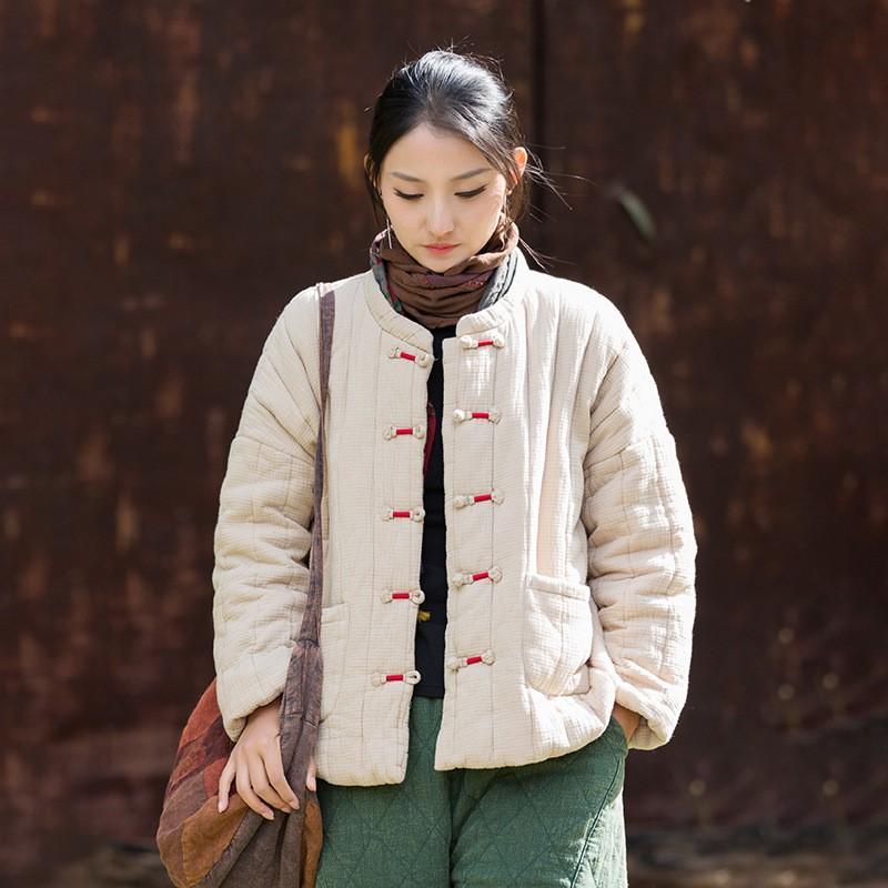 

Johnature Women Vintage Winter Solid Color Stand Long Sleeve Button Warm Chinese Style Coats One Size бежевый
