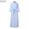 ZANZEA Women Turn Down Collar Casual 3/4 Sleeve Loose Stripe Dress