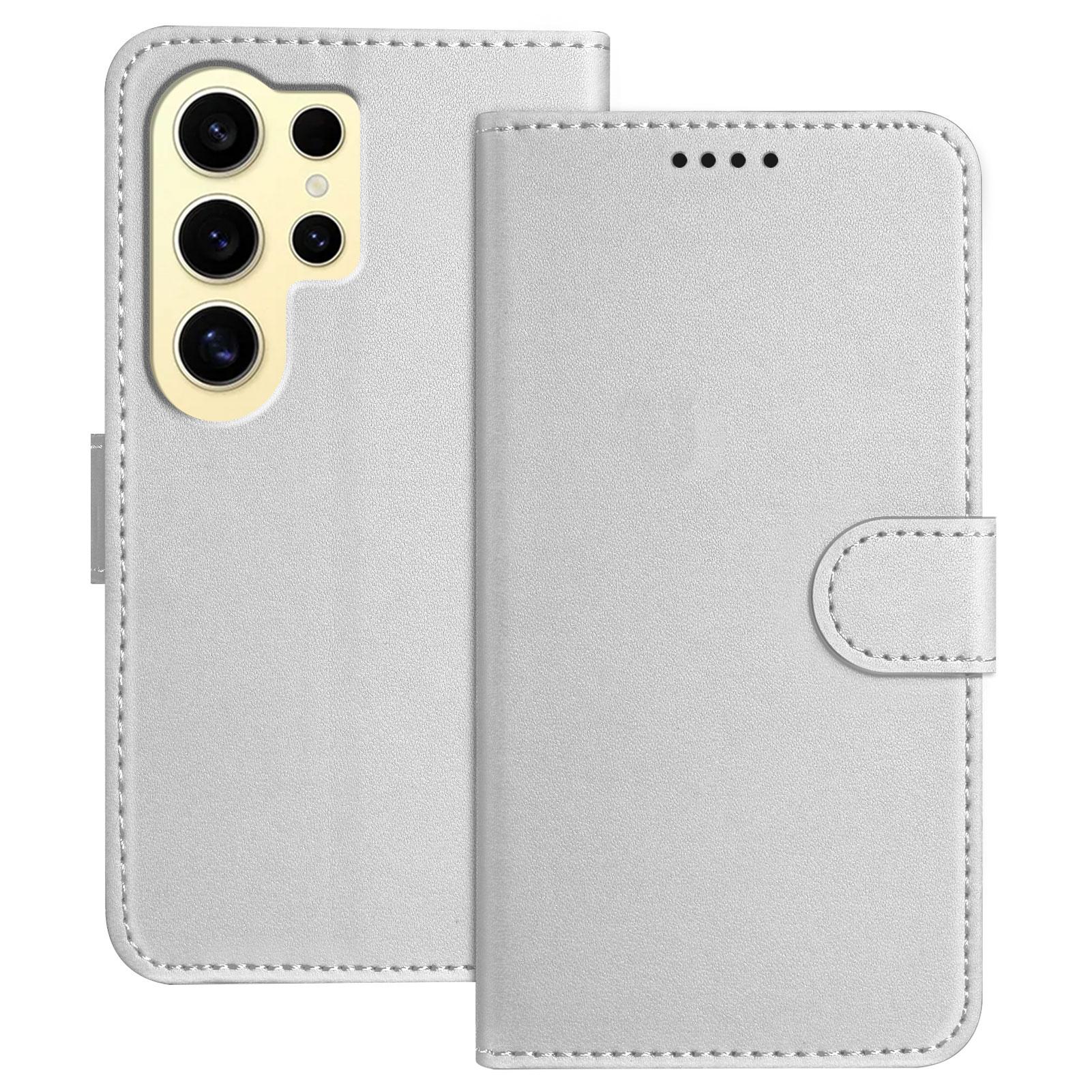 

For Samsung Galaxy S24 Ultra Leather Case Wallet Stand Solid Color Anti Drop Phone Cover Silver