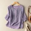 Sommer Elegante Shirts Damen O-Ausschnitt Blumenstickerei Bluse 3/4 Ärmel Arbeits-Tops Causal Lockeres Oberteil