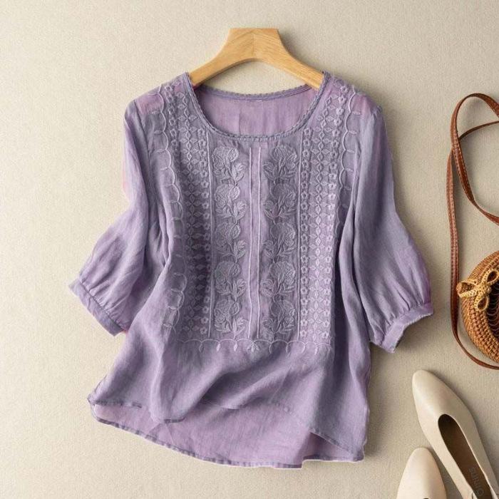 Sommer Elegante Shirts Damen O-Ausschnitt Blumenstickerei Bluse 3/4 Ärmel Arbeits-Tops Causal Lockeres Oberteil