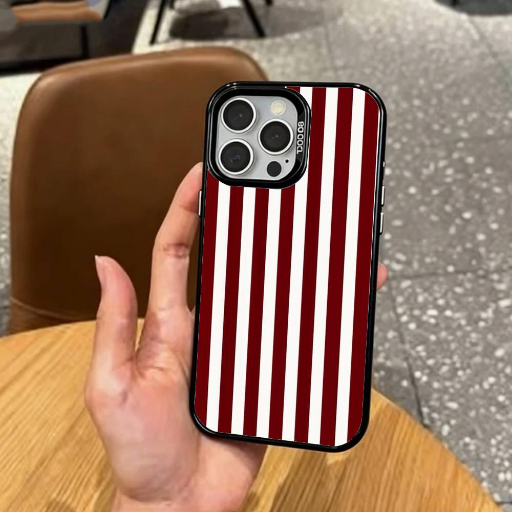 B-Burgundy White Stripe    Phone Case For iPhone17,16,15,14,13,12,11 Plus,Pro Max Colored Silver Plated Inside Cover