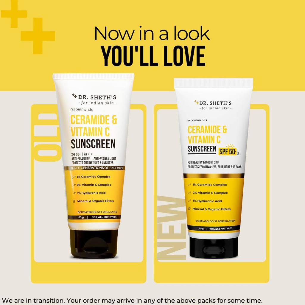 Dr. Sheth's Ceramide & Vitamin C Sunscreen SPF 50+ PA++++ Lightweight Non Greasy No White Cast For All Skin Types 80 g