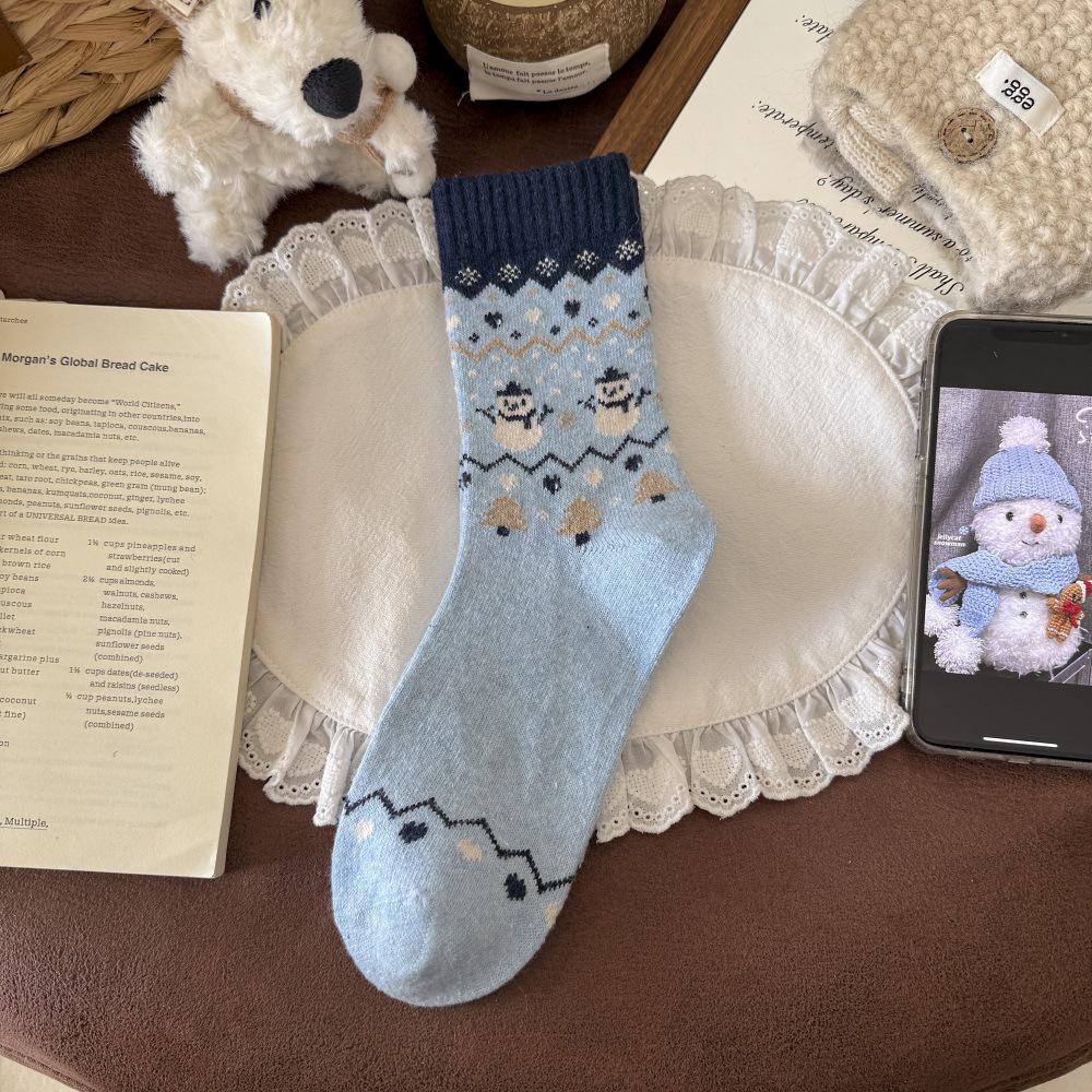 Chaussettes en Laine Mi-Mollet Fair Isle Bonhomme de Neige pour Femmes, Chaudes pour l'Hiver et Noël, Style Rétro Japonais.