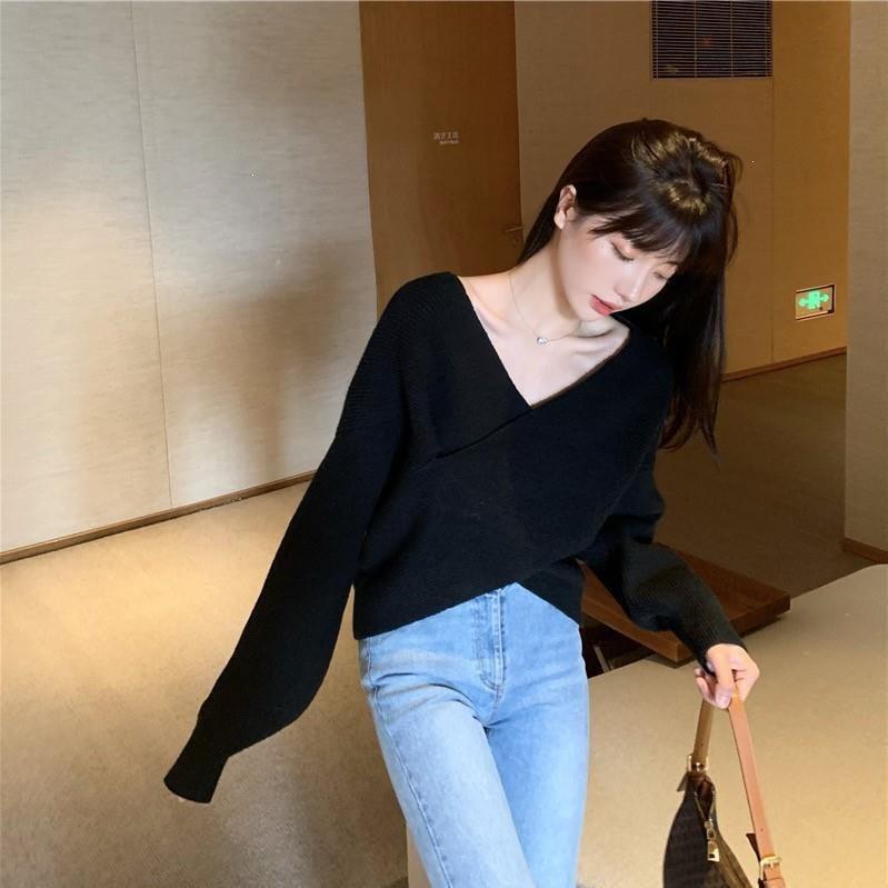 Women's Korean Style Cross V-Neck Sweater - Plain Color, Loose Design, Long Sleeve Knitwear for Autumn/Winter 2026.