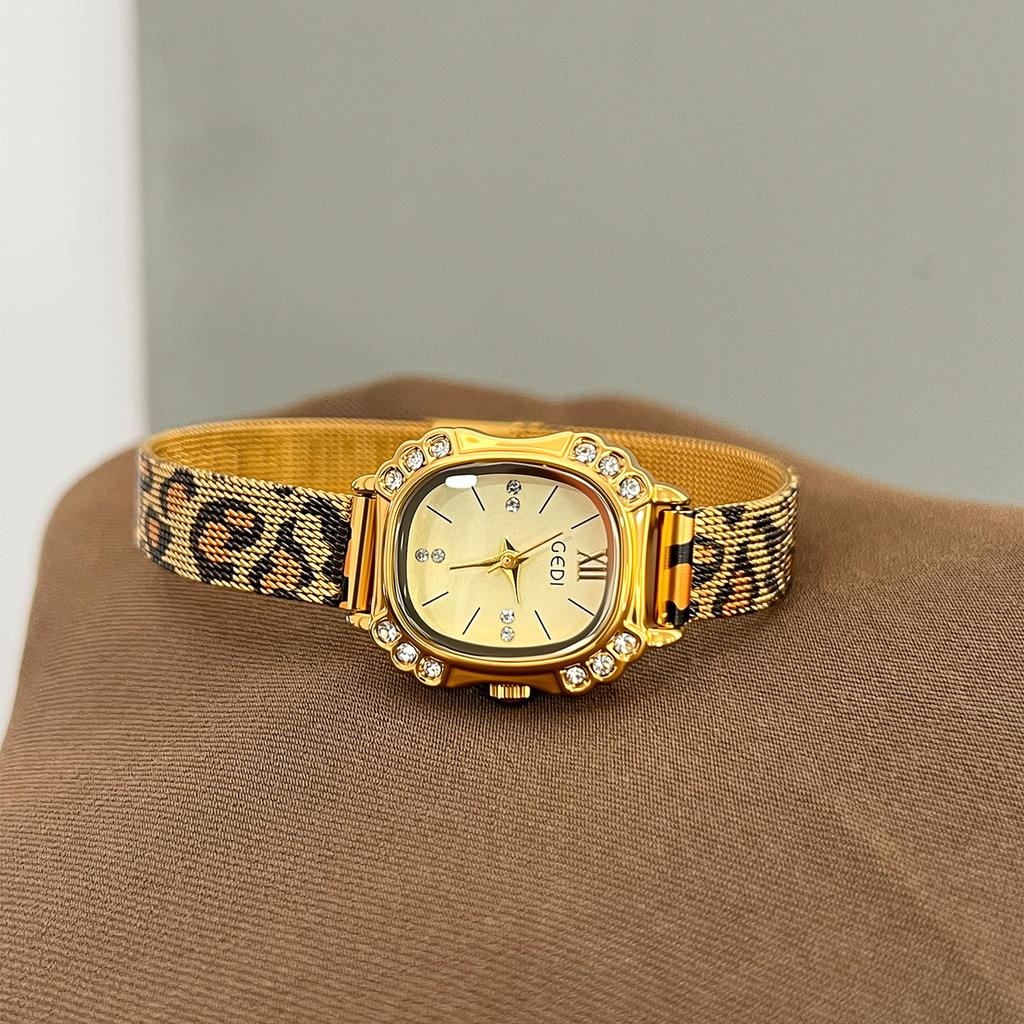 Retro Diamond-Encrusted Small Square Watch Female Style Exquisite Milan Mesh Belt Quartz Watch Leopard Print Watch