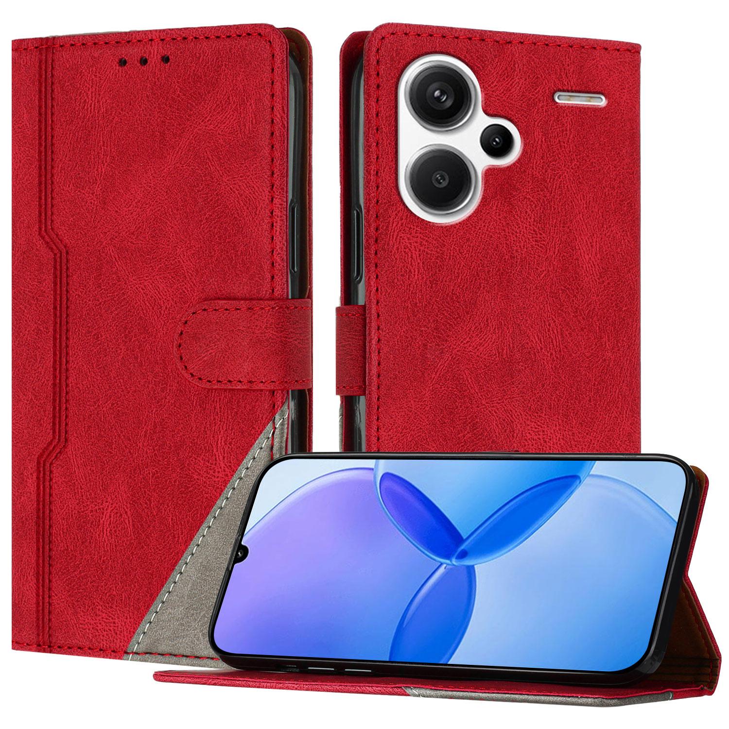 

For Xiaomi Redmi Note 13 Pro+ 5G Leather Case Triangle Patchwork Wallet Stand Shockproof Phone Cover Red