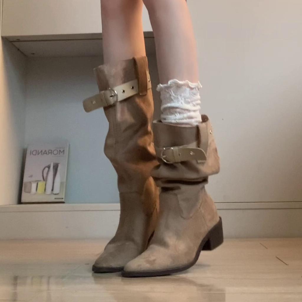 Thick Heel Pointed Tall Pleated Tube Pile Boots Women's Summer and Autumn Cowboy Medium Tube Knight Boots