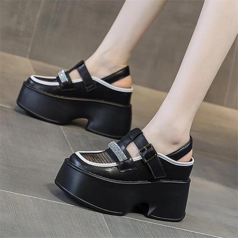 Fashion 11cm Air Mesh Genuine Leather Platform Wedge Sneakers Women Breathable Casual Hollow Chunky Summer Slippers Slides sandal