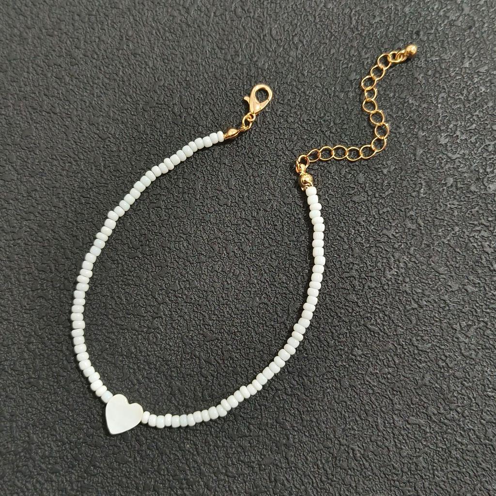 Bohemian White Rice Bead Anklet with Heart & Mother-of-Pearl Pendant