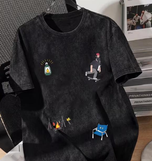 

Unisex Washed Tshirt Vintage Printed Skateboard Camping Style Casual Versatile Trendy Tops S