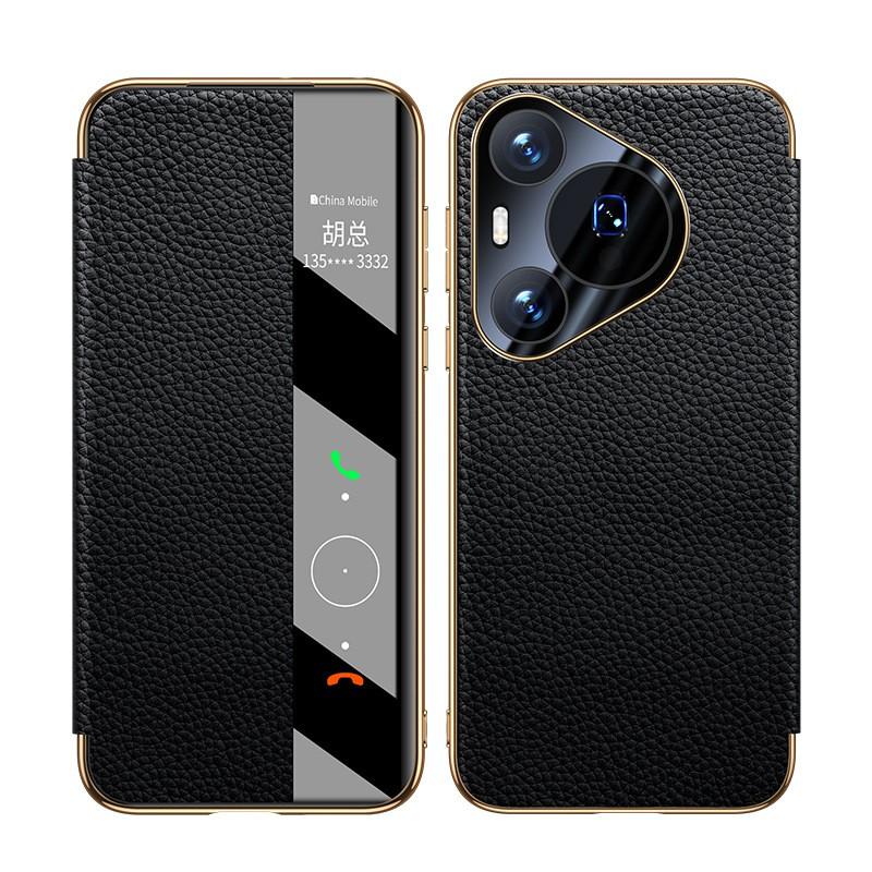 Premium Genuine Leather Flip Case Pura 70 Ultra Pro With Texture Electroplated Black Gold Finish