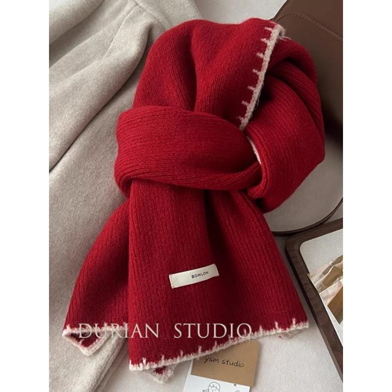 Christmas Red Lock Edge Wool Knitted Scarf Female Winter Student Couple High-end Wool Scarf Male