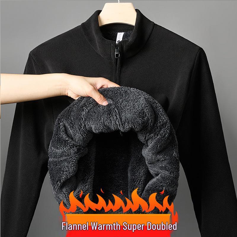 2025 Winter Men's Ollie Fleece Flannel Half-Zip Stand Collar Hoodie with Plus Velvet for Warmth and Cold Protection