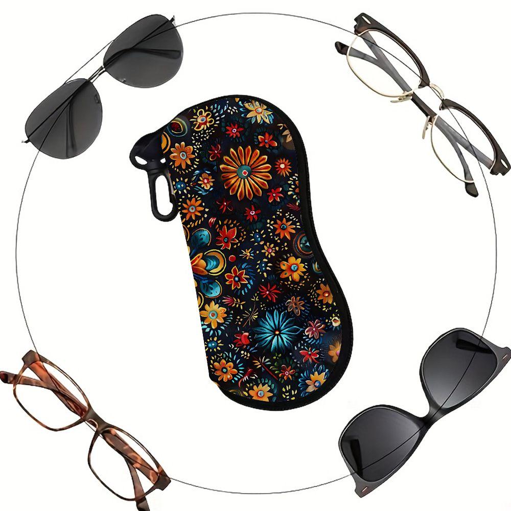 2D-Bohemian Floral Print Protective Sunglasses Case, Vintage Mandala Style Eyeglasses Storage Pouch, Soft Portable Eyewear Holder Case for Travel Dail
