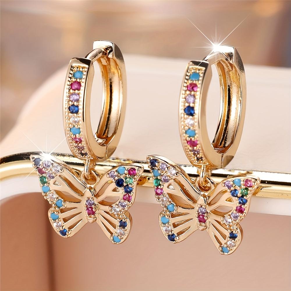 1 Pair Butterfly Hoop Earrings, Gold Synthetic Zirconia - Colorful Cute Jewelry Gift for Ladies, Wedding Party Wear