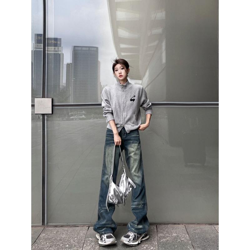 American Hot Girl Wide Leg Slightly Booted Jeans Women's Autumn Winter New High Waist Straight Retro Distressed Floor Pants