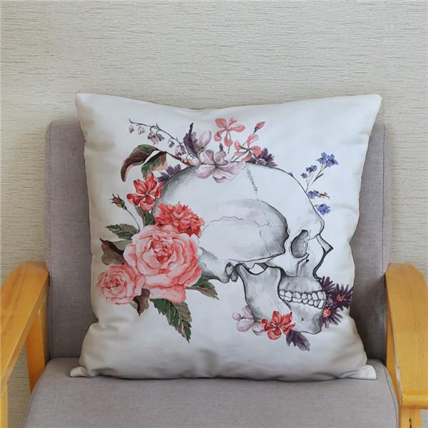 Skeleton Head Flower Print Pattern Cushion Cover for Home Living Room Sofa Decoration Square Pillowcase 45 * 45cm