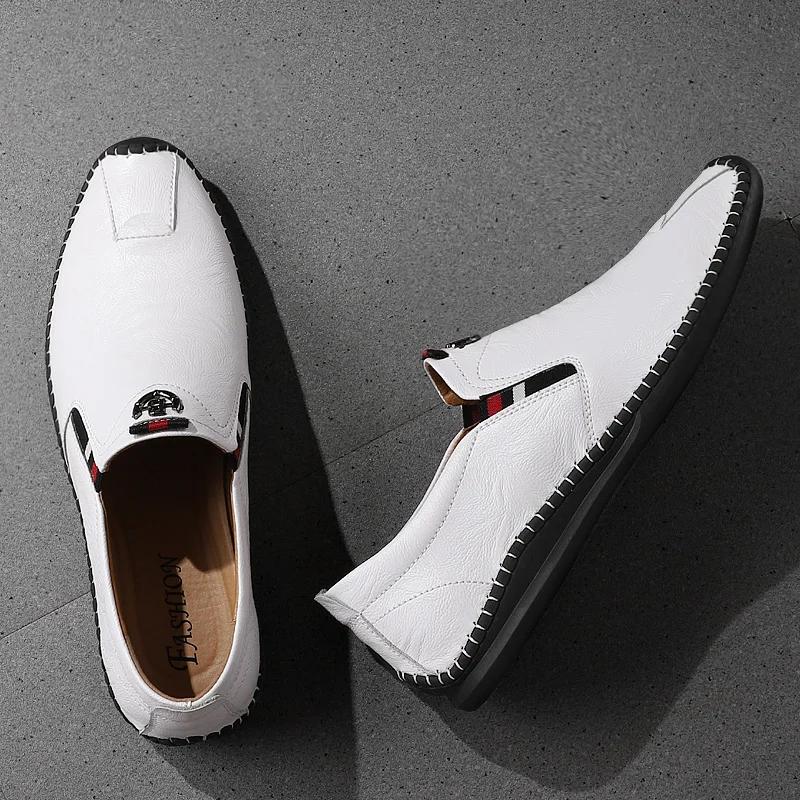 Harajuku Peas Shoes Breathable Genuine Leather Men Big Size Flat Loafers Moccasins Walking Driving Outdoor Travel Soft Shoes